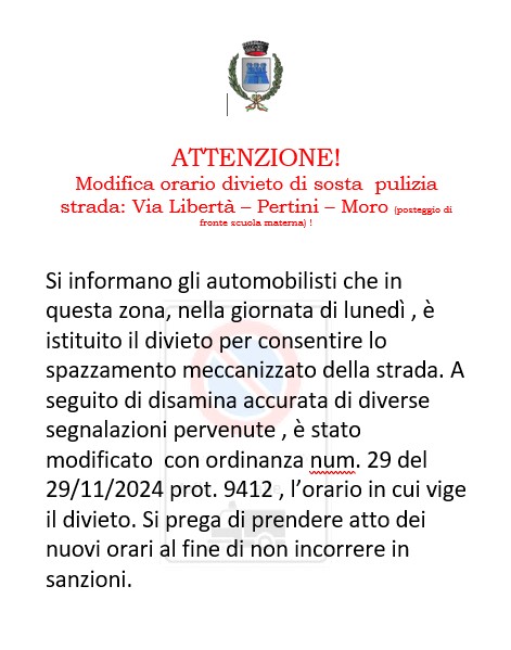 Modifica orario divieto di sosta pulizia strada: Via Libertà – Pertini – Moro (posteggio di fronte scuola materna)