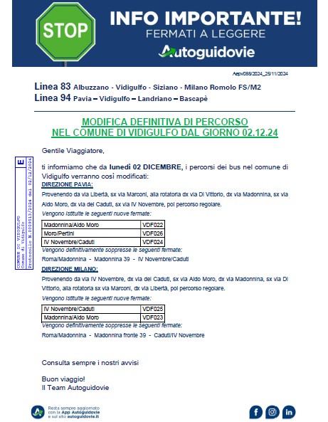 MODIFICA DEFINITIVA DI PERCORSO NEL COMUNE DI VIDIGULFO DAL GIORNO 02.12.24 - Autoguidovie 