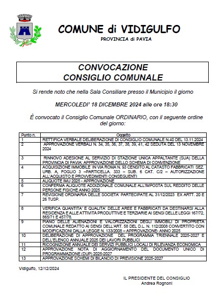 Convocazione Consiglio Comunale 18 Dicembre 2024