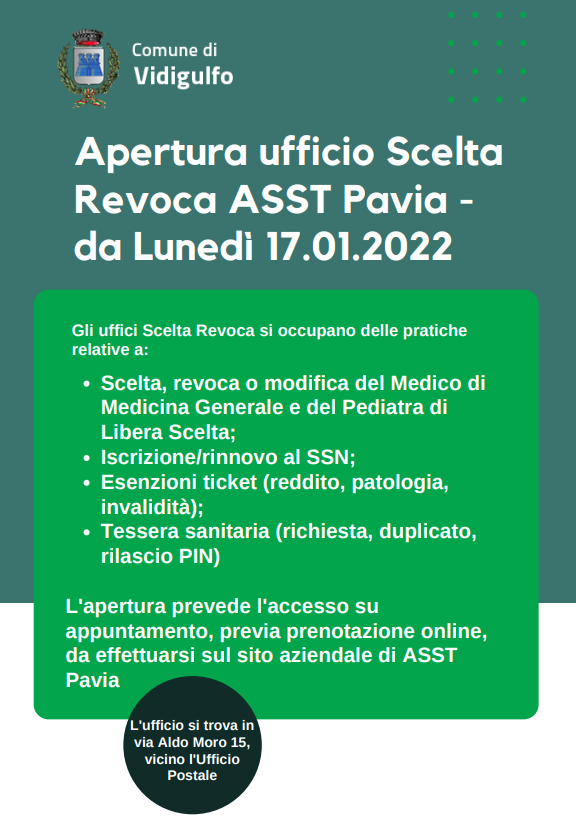 Apertura ufficio scelta revoca asst pavia - da lunedi' 17 gennaio